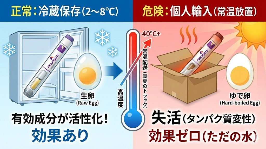 図解：マンジャロは常温配送で腐る！生卵がゆで卵になるように、薬の成分（タンパク質）が熱で変性して『ただの水』になる仕組みを解説。