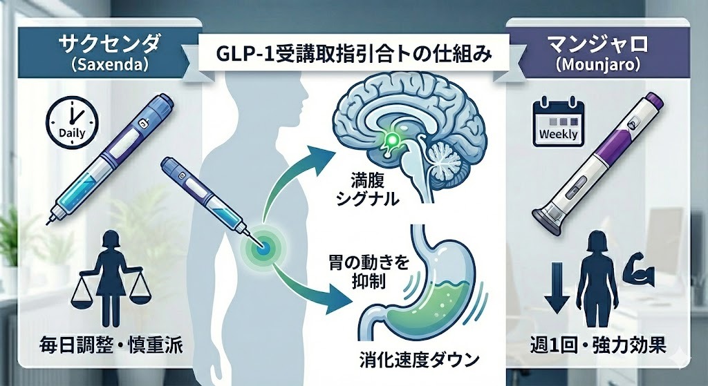 サクセンダやマンジャロの有効成分であるGLP-1が、脳の食欲中枢に作用して満腹シグナルを送り、胃の消化活動を抑制する仕組みを示した図解イラスト。