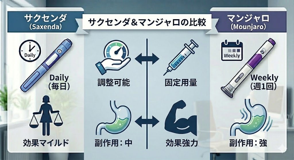 サクセンダ（毎日投与・調整可能・効果マイルド・副作用中）とマンジャロ（週1回投与・固定用量・効果強力・副作用強）の主要な特徴をアイコンで対比させた比較インフォグラフィック。