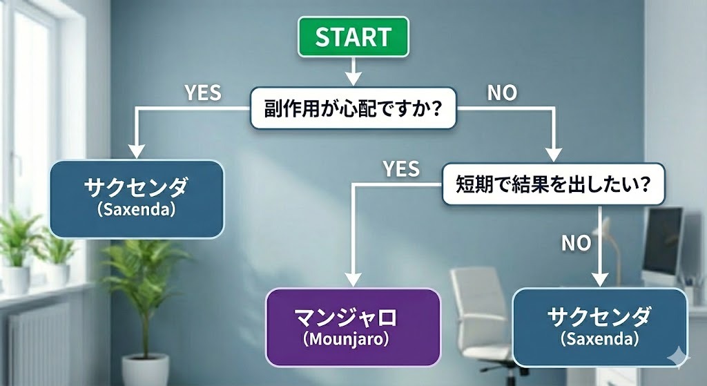 「副作用が心配ですか？」「短期で結果を出したい？」などの簡単な質問にYES/NOで答えていくことで、自分に合ったダイエット注射（サクセンダまたはマンジャロ）が分かる診断フローチャート。