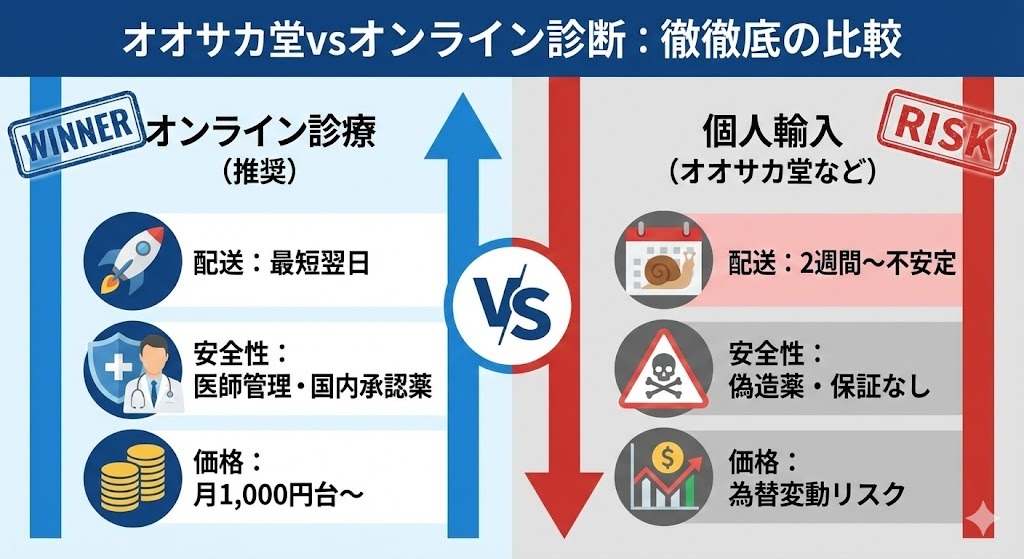 オンライン診療と個人輸入（オオサカ堂など）の比較図。配送スピード、安全性、価格の面でオンライン診療が優れており、推奨される選択肢であることを示している。