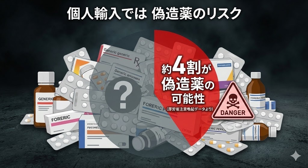 個人輸入された医薬品の約4割が偽造薬である可能性を示すデータ可視化画像。赤く強調された偽造薬の山と、健康被害への警告マークが描かれている。