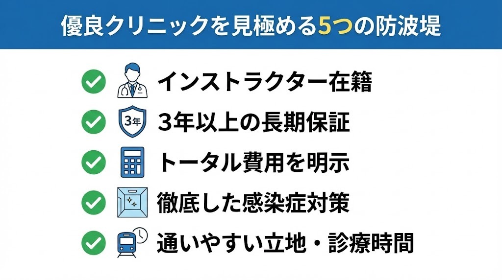 ICLクリニック選びで失敗しないための5つの重要チェックポイント（インストラクター在籍、3年保証、トータル費用明示、感染症対策、通いやすさ）をまとめた図解イラスト。