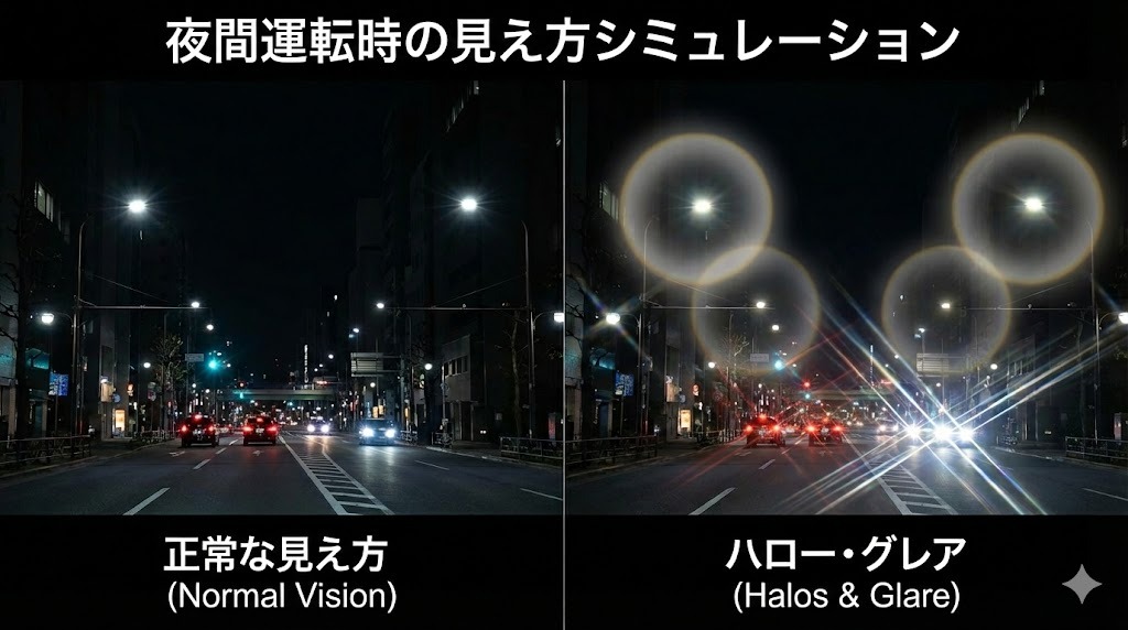 ICL手術後の合併症「ハロー・グレア現象」の見え方を再現したイメージ画像。夜間の運転時などに、街灯や車のライトの周りに光の輪（ハロー）や光の筋（グレア）が見える様子を、正常な見え方と比較して図示したもの。