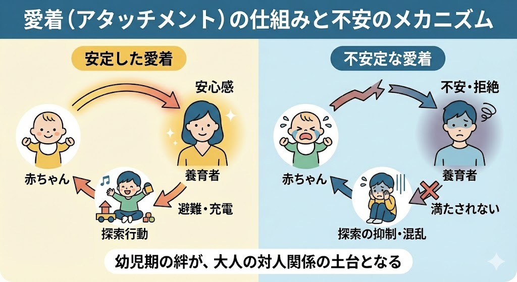 幼児期における親との「安心の絆」の形成プロセスと、それが不安定な場合にどのようなメカニズムで不安が生じるのかを視覚化した図解です。