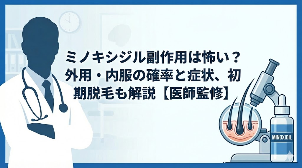 ミノキシジルの副作用は怖い？外用と内服の違い、副作用の確率や初期脱毛を医師監修で解説するイメージ