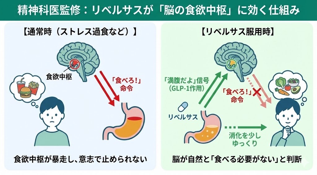 精神科医監修によるリベルサスの作用機序図解。通常時（ストレス過食）は脳の食欲中枢が暴走し「食べろ」と命令するが、リベルサス服用時はGLP-1作用により脳に「満腹だよ」という信号が送られ、自然と食欲が収まる様子を比較したイラスト。