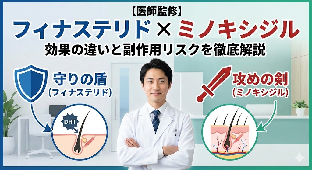 フィナステリドとミノキシジルの効果の違いと副作用リスクを、医師監修で解説するイメージ