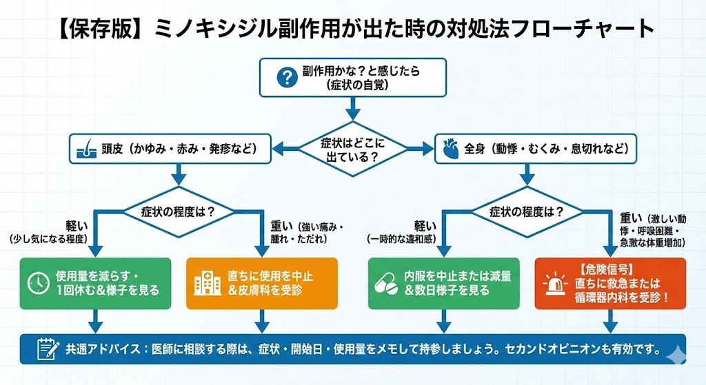 ミノキシジル使用中に副作用が出た場合の対処フローチャート。頭皮症状とかゆみ、動悸やむくみなど全身症状別に、使用継続・中止・受診の判断基準を示した図
