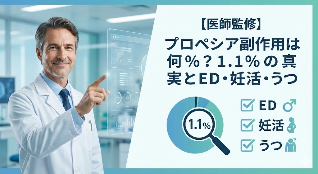 医師監修のもと、プロペシアの副作用発生率が1.1%であることを示す解説ビジュアル。ED、妊活、うつへの影響についてチェック形式で整理されている。