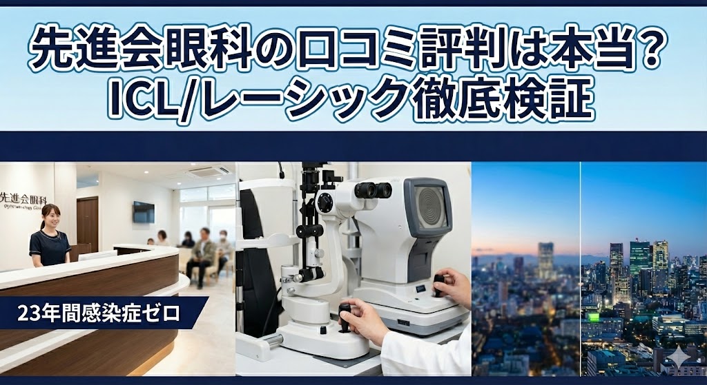 先進会眼科の院内受付、精密検査機器、都市部の夜景を組み合わせた、ICL・レーシックの口コミ評判を検証する記事のアイキャッチ画像