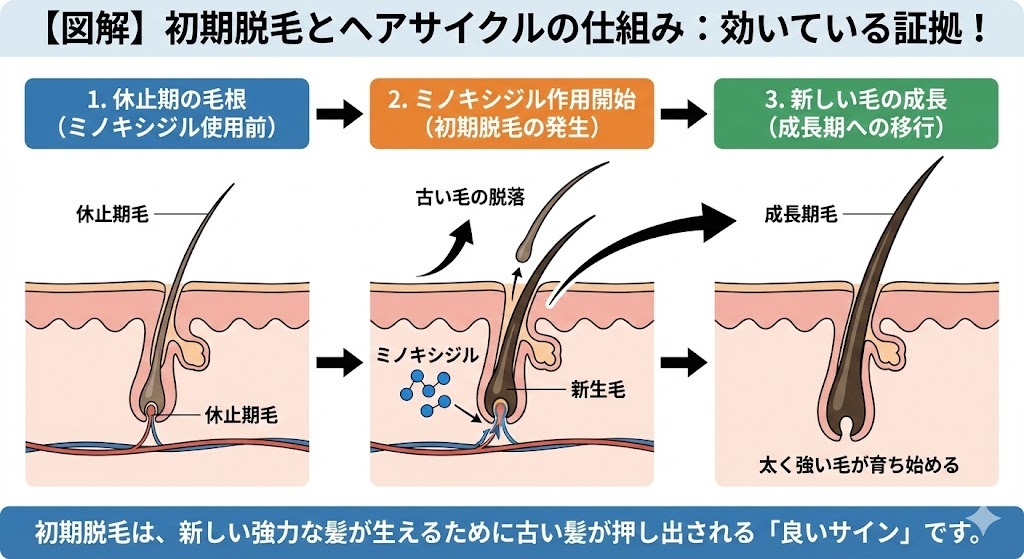 ミノキシジルによる初期脱毛の仕組みを示す図解。休止期の毛が抜け、新しい毛が成長期へ移行するヘアサイクルの流れ