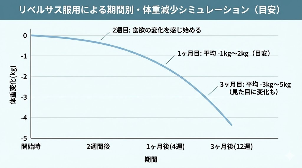 リベルサス服用による期間別体重減少シミュレーショングラフ。開始から2週間で食欲の変化を感じ、1ヶ月目で平均-1kg〜2kg、3ヶ月目で平均-3kg〜5kgの減量目安を示す曲線。