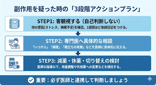 プロペシアの副作用を疑った場合の3段階対応フロー図。客観視、医師への相談、減薬・休薬・切り替えの検討を医師と連携して行う流れを示している。