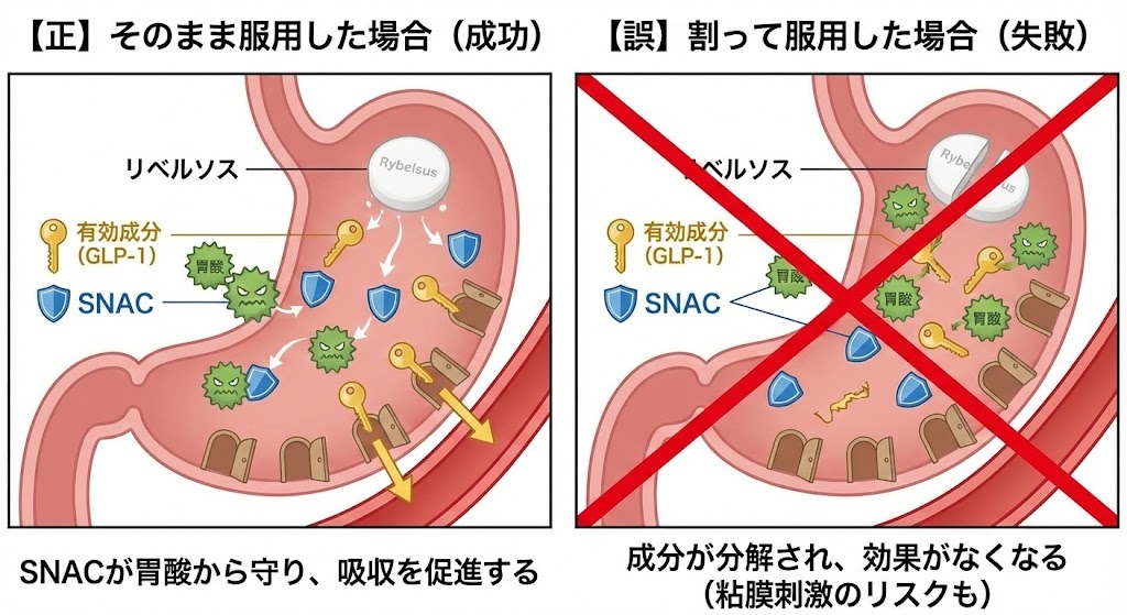 この記事の核心となる、SNAC技術による吸収の仕組みと、割ることの危険性を科学的に説明する図解です。