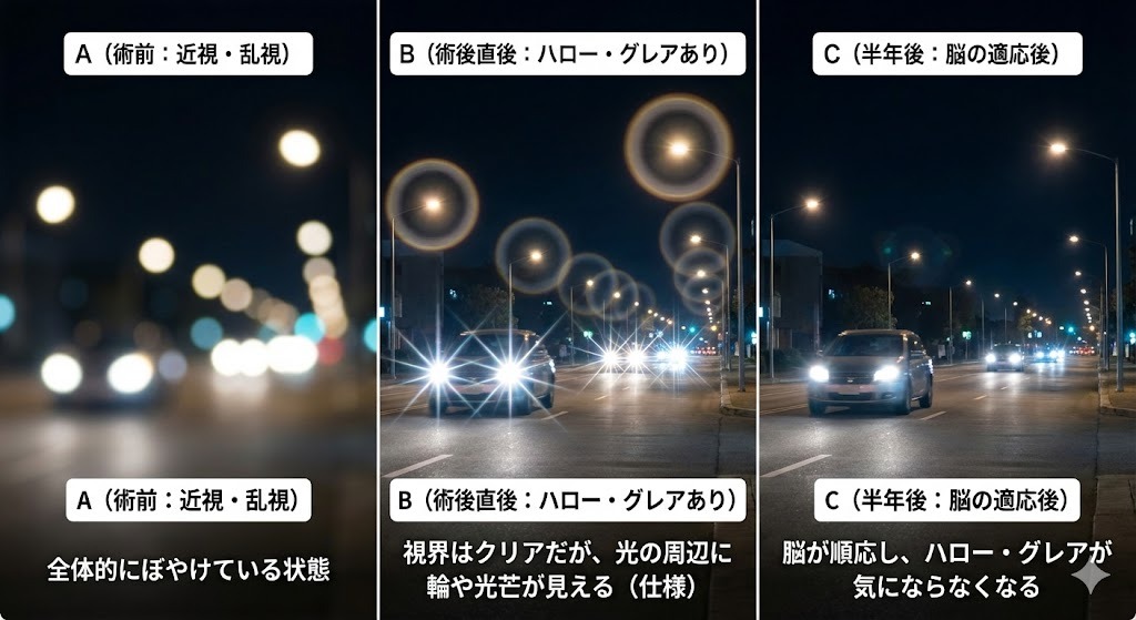 視力回復手術前のぼやけた夜間視界、術後直後に見られるハロー・グレア現象、半年後に脳が順応してクリアに見える状態を比較した夜間運転の視界イメージ