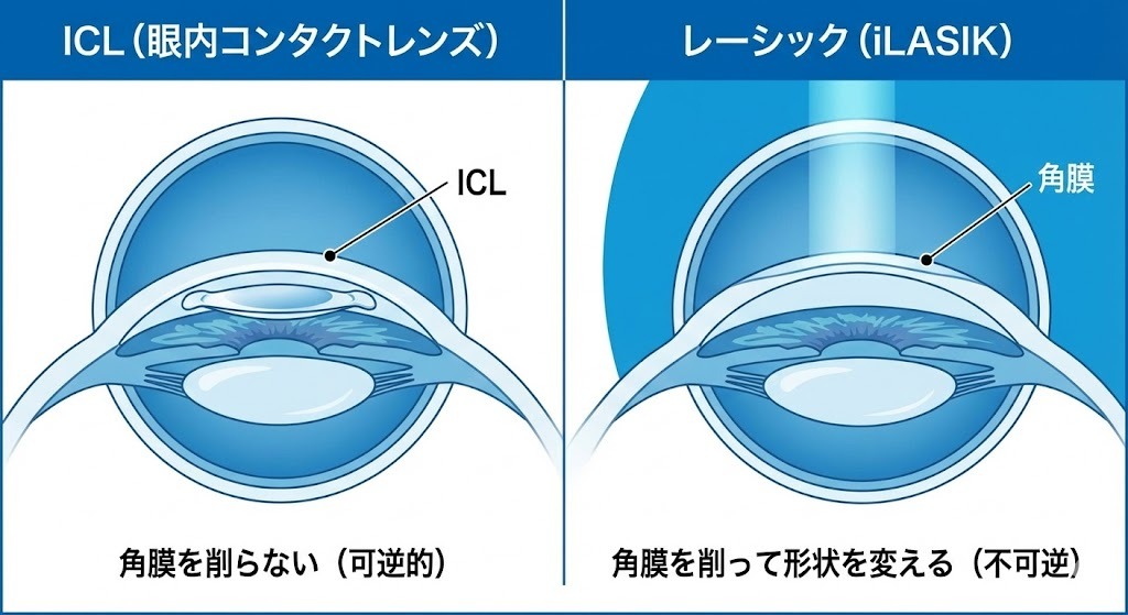 ICL（眼内コンタクトレンズ）は角膜を削らずレンズを挿入する可逆的な視力矯正、レーシック（iLASIK）は角膜を削って形状を変える不可逆的な視力矯正であることを示した模式図