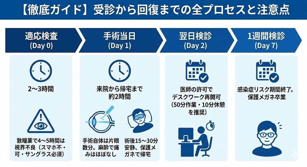 視力回復手術における適応検査、手術当日、翌日検診、1週間検診までの流れと、それぞれの所要時間や注意点を示したスケジュール図