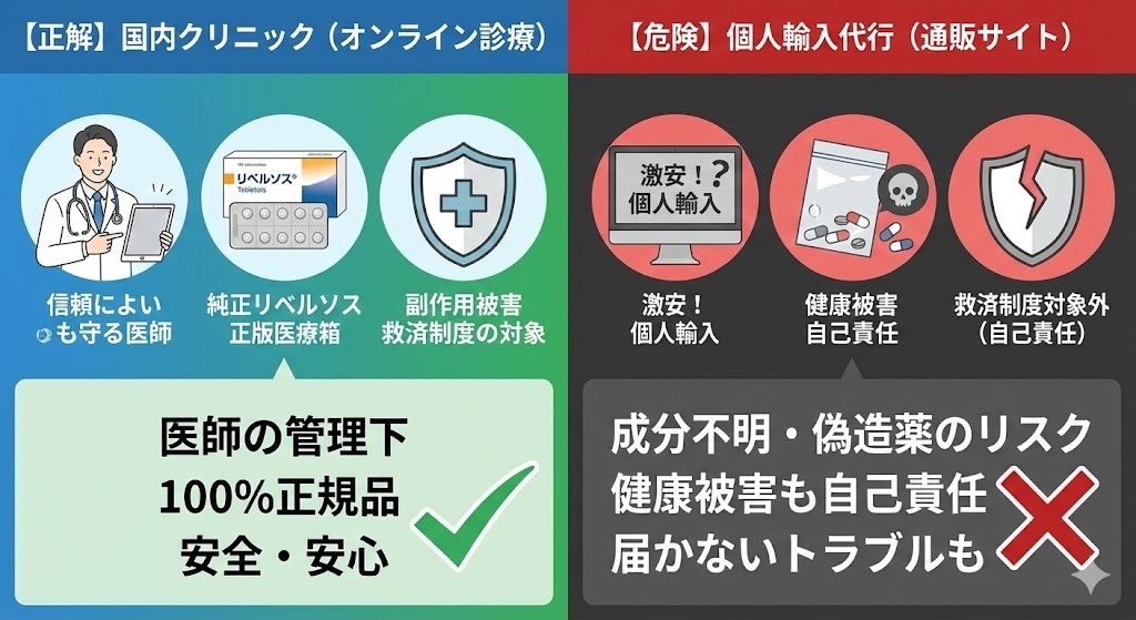 リベルサス入手ルートの安全性を比較した図解。左側（青/緑）は「【正解】国内クリニック（オンライン診療）」で、信頼できる医師の管理下、純正リベルサス（正規品）が処方され、副作用被害救済制度の対象となるため「安全・安心」。右側（赤/黒）は「【危険】個人輸入代行（通販サイト）」で、激安だが成分不明・偽造薬のリスク、健康被害や届かないトラブルも自己責任となり、救済制度対象外であるため危険（バツ印）。