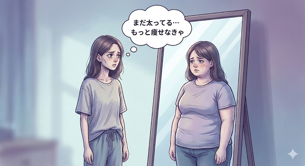 急激なダイエットによるボディ・イメージ障害（身体像障害）を表現したイラスト。現実の痩せた女性が鏡を見ると、太っていた頃の自分の姿が映っており、「まだ太ってる…もっと痩せなきゃ」と悩んでいる様子が描かれている。