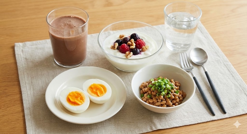 リバウンド防止のための理想的な高タンパク質朝食メニューの写真。プロテインシェイク、フルーツ乗せギリシャヨーグルト、ゆで卵、納豆の組み合わせ例。