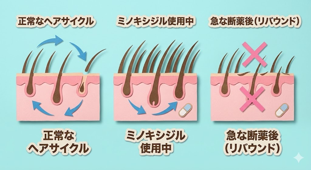 正常なヘアサイクル、ミノキシジル使用中、急な断薬後のリバウンドという3つの状態を、画用紙の断面図と矢印で表現した、手作り感のあるペーパークラフトの図解。