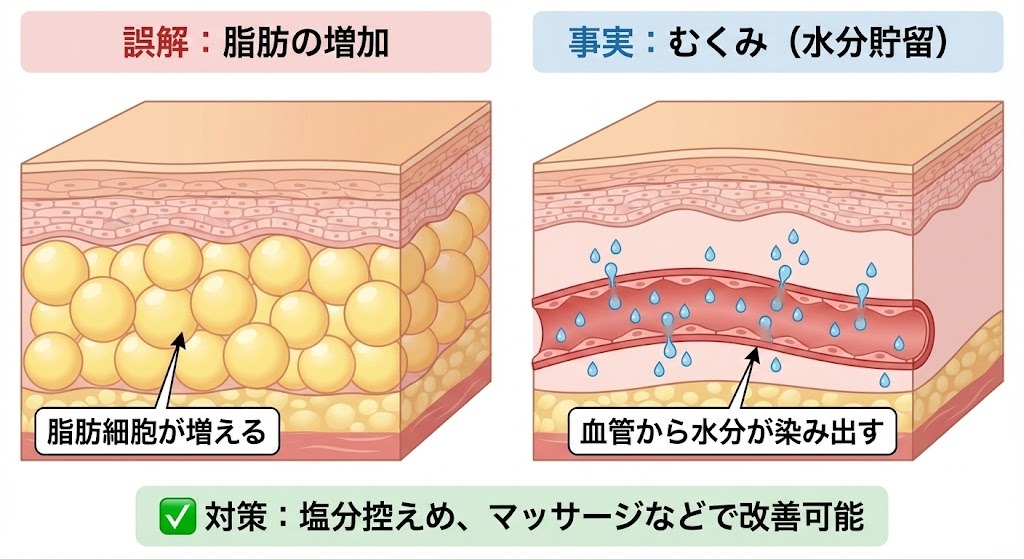 AGA治療で「太る」という誤解のメカニズムを解説するイラスト。左側は「誤解：脂肪の増加」として脂肪細胞が増える様子を、右側は「事実：むくみ（水分貯留）」として血管から水分が染み出す様子を比較。下部には塩分控えめなどの対策で改善可能であることが示されている。