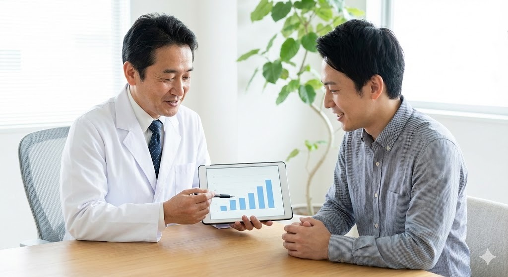 清潔感のある診察室で、白衣を着た男性医師が、タブレットのグラフを見せながら男性患者と穏やかに話している写真。患者は安心して説明を聞いている様子で、信頼関係が感じられる。