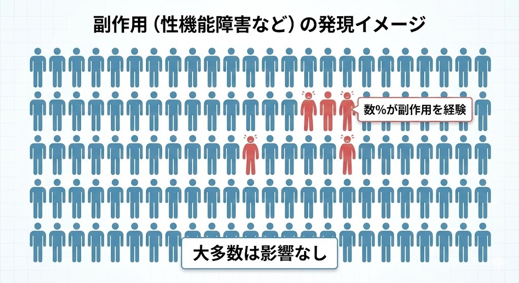 AGA治療薬の副作用発現率を示すピクトグラム図。100体のうち数体だけが赤く強調されており、大多数は影響がないことを視覚的に表している。
