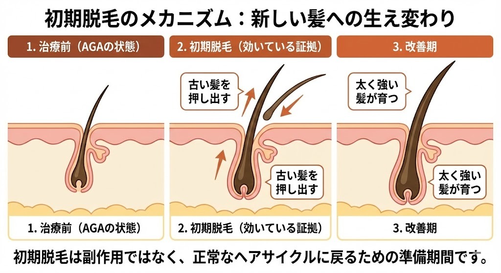 初期脱毛のメカニズムを説明する3段階の図。治療前、初期脱毛（新しい髪が古い髪を押し出す）、改善期（太い髪が育つ）の順に毛根の変化を示し、初期脱毛が薬が効いている証拠であることを解説している。