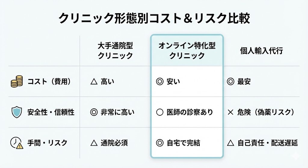 大手通院型、オンライン特化型、個人輸入代行の3つのAGA治療クリニック形態を、コスト、安全性、手間の3点で比較した表。オンライン特化型がコストと安全性のバランスに優れていることを強調している。