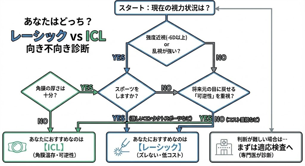 レーシックとICLのどちらが自分に向いているかを判定するフローチャート。現在の視力状況、角膜の厚さ、スポーツの有無といった質問にYES/NOで答えることで、「ICLおすすめ」「レーシックおすすめ」「まずは適応検査へ」のいずれかの結果にたどり着く手順が図解されている。
