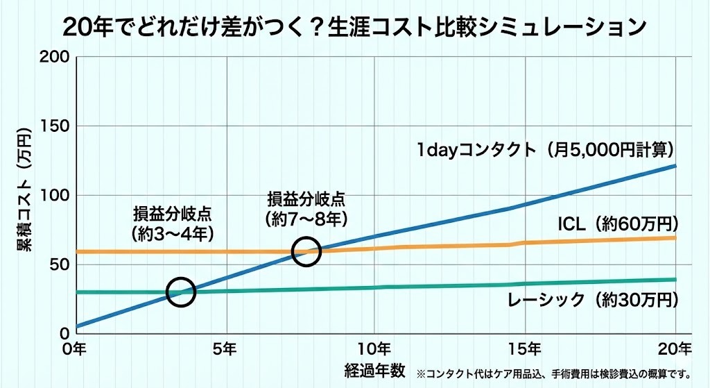 1dayコンタクトレンズ、ICL、レーシックの3つの視力矯正方法における20年間の累積コストを比較した折れ線グラフ。コンタクトは右肩上がりで増加し続け、レーシックは約3〜4年目、ICLは約7〜8年目にコンタクトレンズのコストを下回る損益分岐点が示されている。