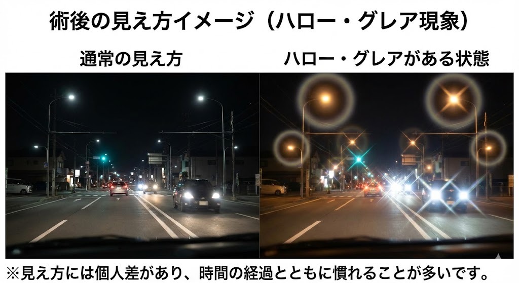レーシックやICL術後に発生する可能性のあるハロー・グレア現象の見え方のイメージ比較写真。左側の「通常の見え方」では夜間の街灯や車のライトがクリアに見えるのに対し、右側の「ハロー・グレアがある状態」では光の周りにリング状のもや（ハロー）や光の拡散（グレア）が見られる。