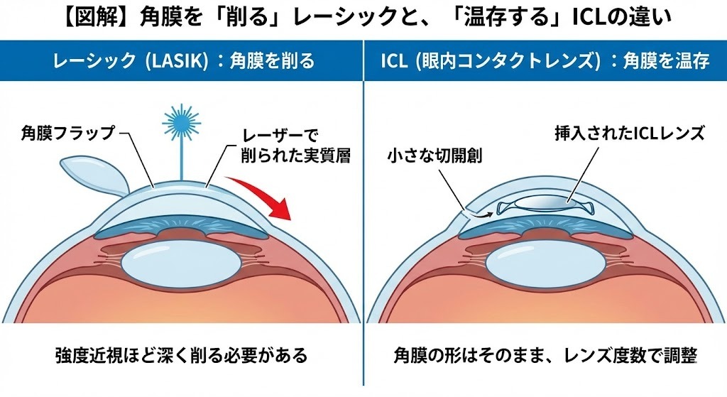 レーシックとICLの手術原理の違いを説明する眼球の断面図解。左側のレーシックは角膜にフラップを作りレーザーで実質層を削る様子、右側のICLは角膜を温存したまま虹彩と水晶体の間に眼内レンズを挿入する様子が描かれている。