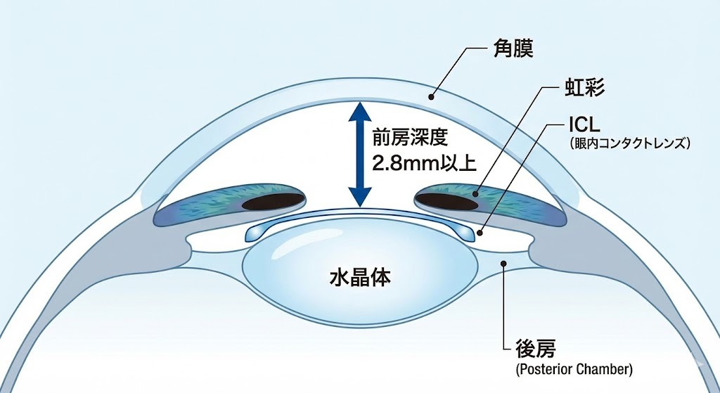 眼球断面図イラスト：レーシック後の角膜とICL挿入位置（後房）の関係、前房深度を示す図