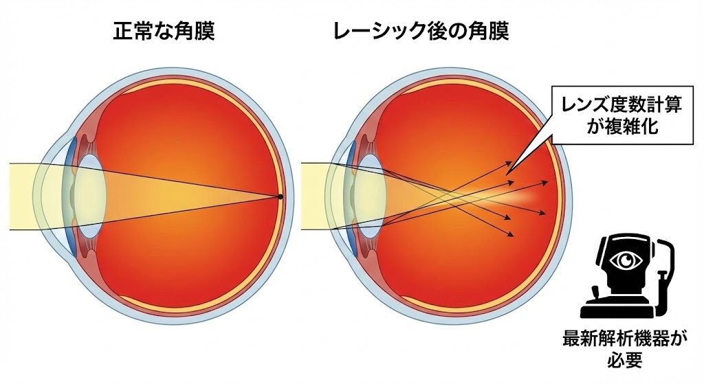 イラスト比較図：正常な角膜形状とレーシックによって平坦化した角膜形状の違い、レンズ度数計算への影響