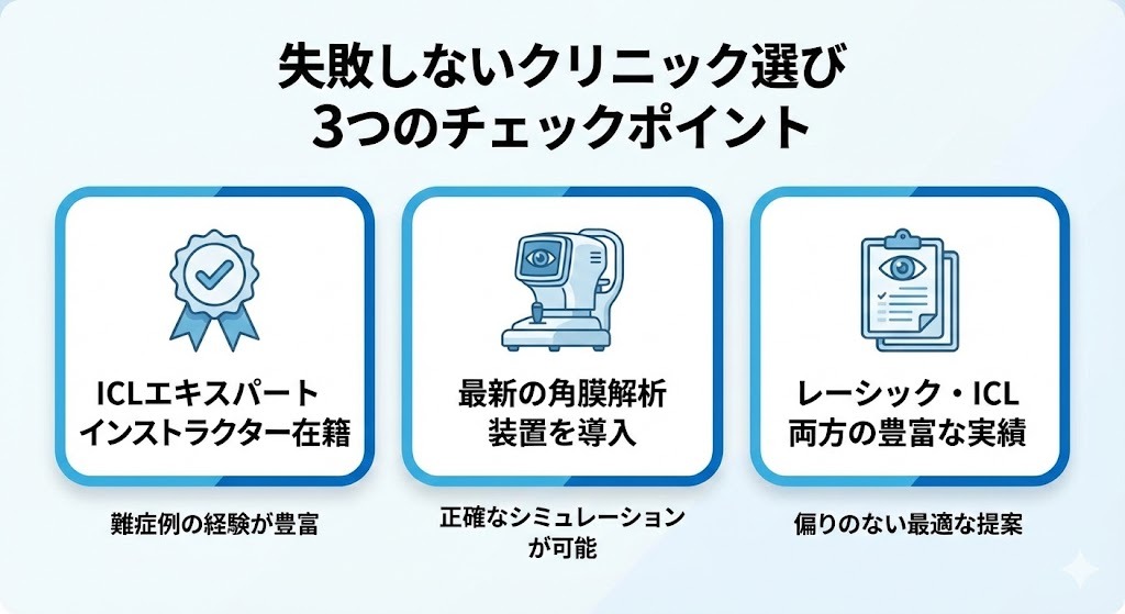 インフォグラフィック：レーシック後ICLで失敗しないためのクリニック選び3つの重要チェックポイント