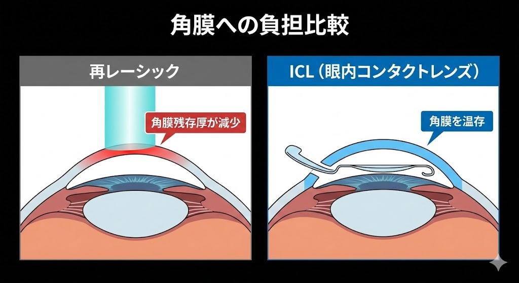 イラスト比較図：再レーシックによる角膜切削と、ICLによる角膜温存・レンズ挿入のイメージ