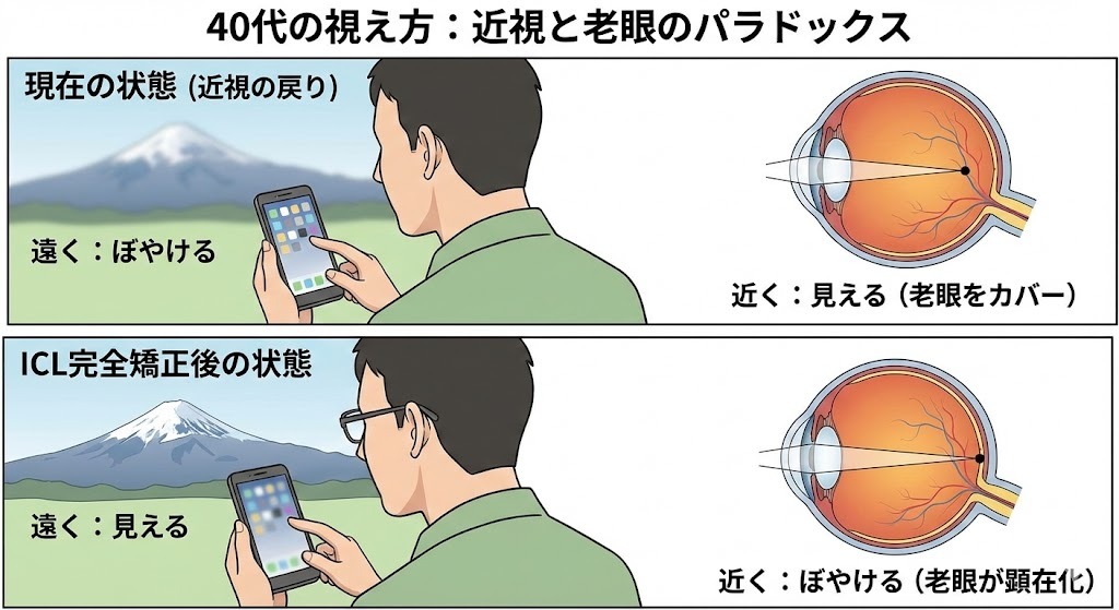 40代の視え方図解：近視による老眼の打ち消し効果と、ICL完全矯正後の老眼顕在化のイメージ