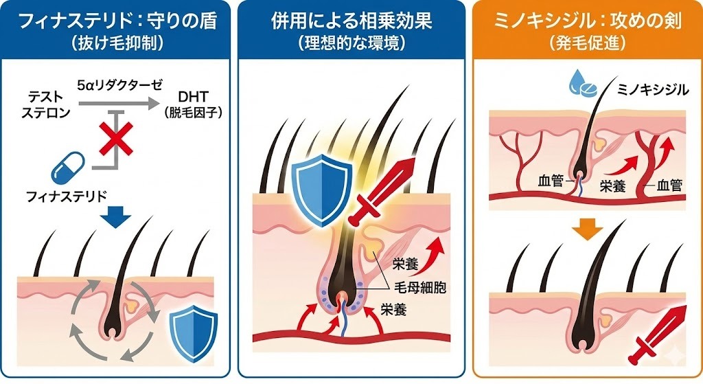 フィナステリドがDHTを抑制して抜け毛を防ぎ、ミノキシジルが血流を促進して発毛を促す作用機序と、併用による相乗効果を比較した図