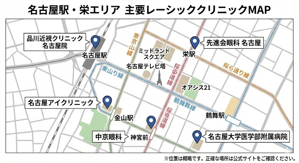 名古屋駅・栄エリア 主要レーシッククリニック場所マップ