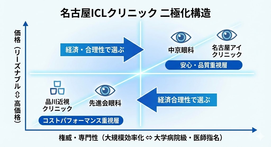 名古屋のICLクリニック比較図。横軸に権威・専門性、縦軸に価格をとり、「コストパフォーマンス重視層（品川近視クリニック・先進会眼科）」と「安心・品質重視層（中京眼科・名古屋アイクリニック）」の二極化構造を示した分布図。