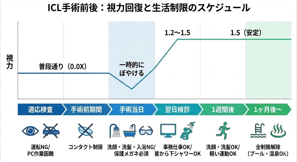 ICL手術前後のスケジュール表。適応検査から術後1ヶ月までの視力回復の推移グラフ（翌日に1.2〜1.5へ回復）と、洗顔・入浴・運転などの生活制限期間を示したタイムラインイラスト。