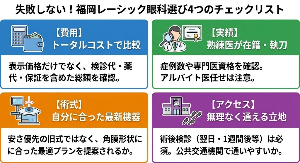 福岡レーシック眼科選び4つのチェックリスト図解。費用（トータルコストで比較）、実績（熟練医が在籍・執刀）、術式（自分に合った最新機器）、アクセス（無理なく通える立地）の4項目をアイコンと簡潔な説明で示したパネル。