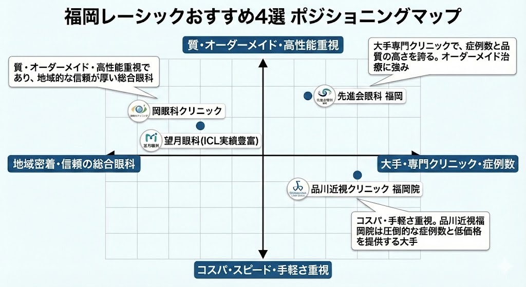 福岡レーシックおすすめ4選ポジショニングマップ図解。縦軸は「質・オーダーメイド重視」か「コスパ・スピード重視」か、横軸は「地域密着・総合眼科」か「大手・専門クリニック」かで、先進会眼科、品川近視クリニック、岡眼科クリニック、望月眼科の位置付けを比較したマトリクス。