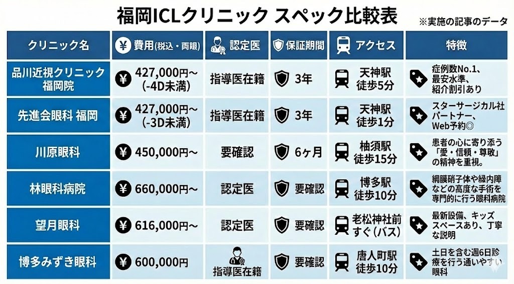 福岡のICLおすすめクリニック6選の費用・認定医・保証期間などを比較したスペック一覧表