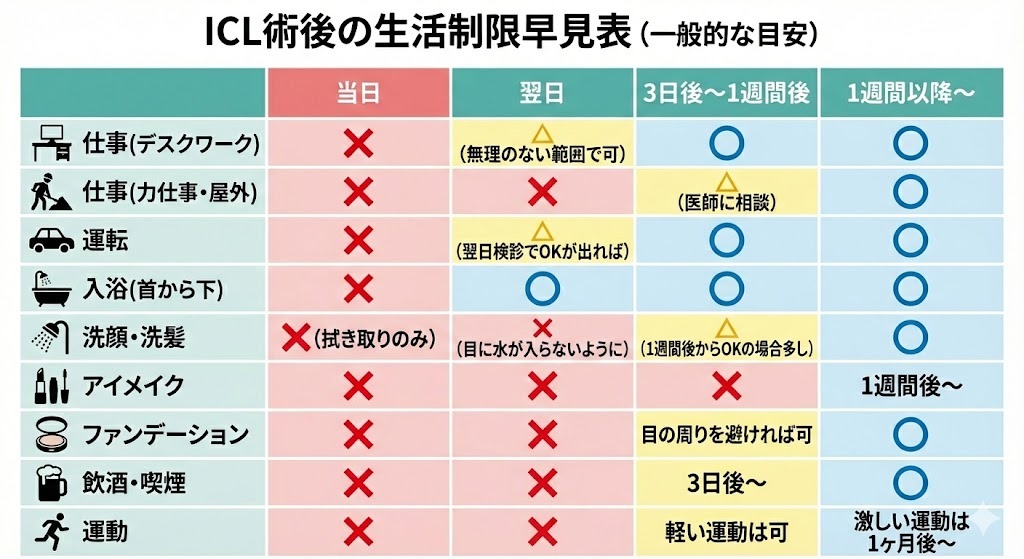 ICL手術後の仕事、運転、洗髪などの生活制限スケジュールをまとめた時系列の早見表イラスト