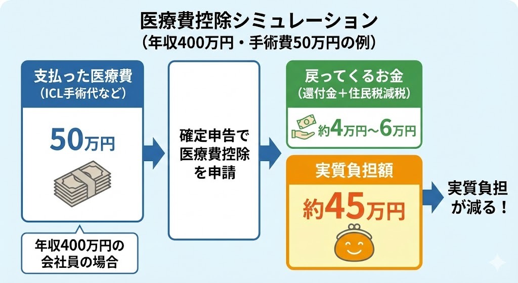 年収400万円の人が50万円のICL手術を受けた場合の医療費控除シミュレーション図。実質負担が約45万円になる仕組みを解説。