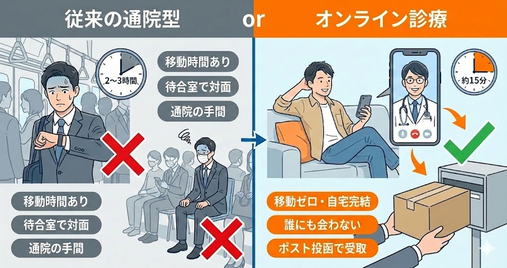 AGA治療における通院型クリニックとオンライン診療の比較図。通院型は移動や待ち時間があり対面のリスクがある一方、オンライン診療は自宅でスマホ完結、移動ゼロで誰にも会わずに約15分で診察から薬の受け取りまで完了する様子を図解。